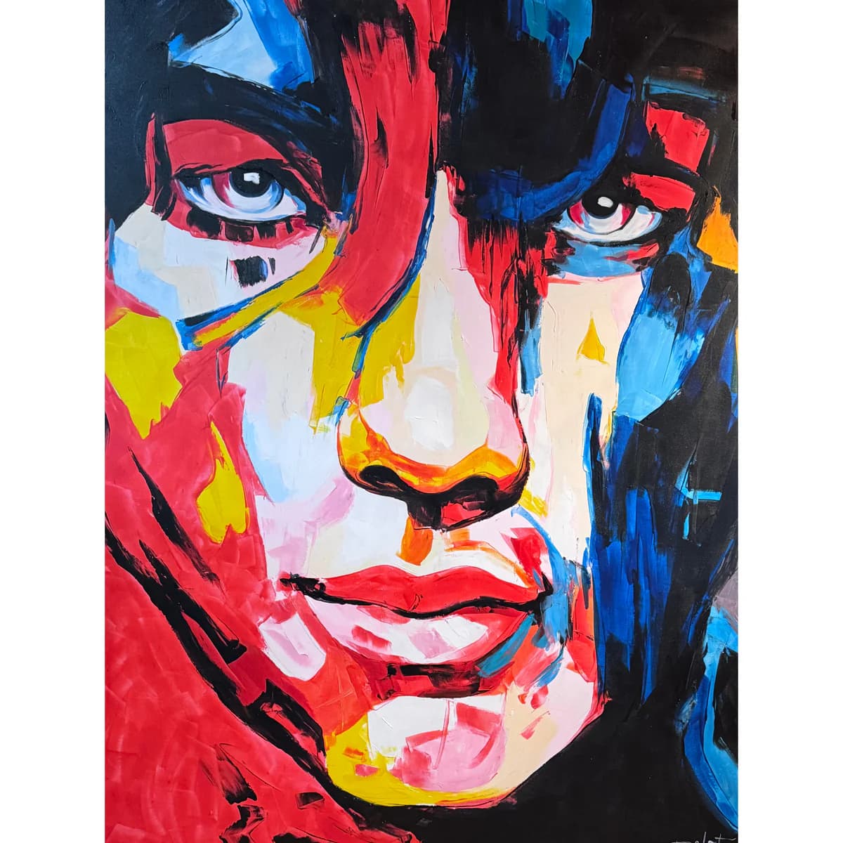A vibrant abstract painting of a face, featuring bold colors and dramatic brush strokes.